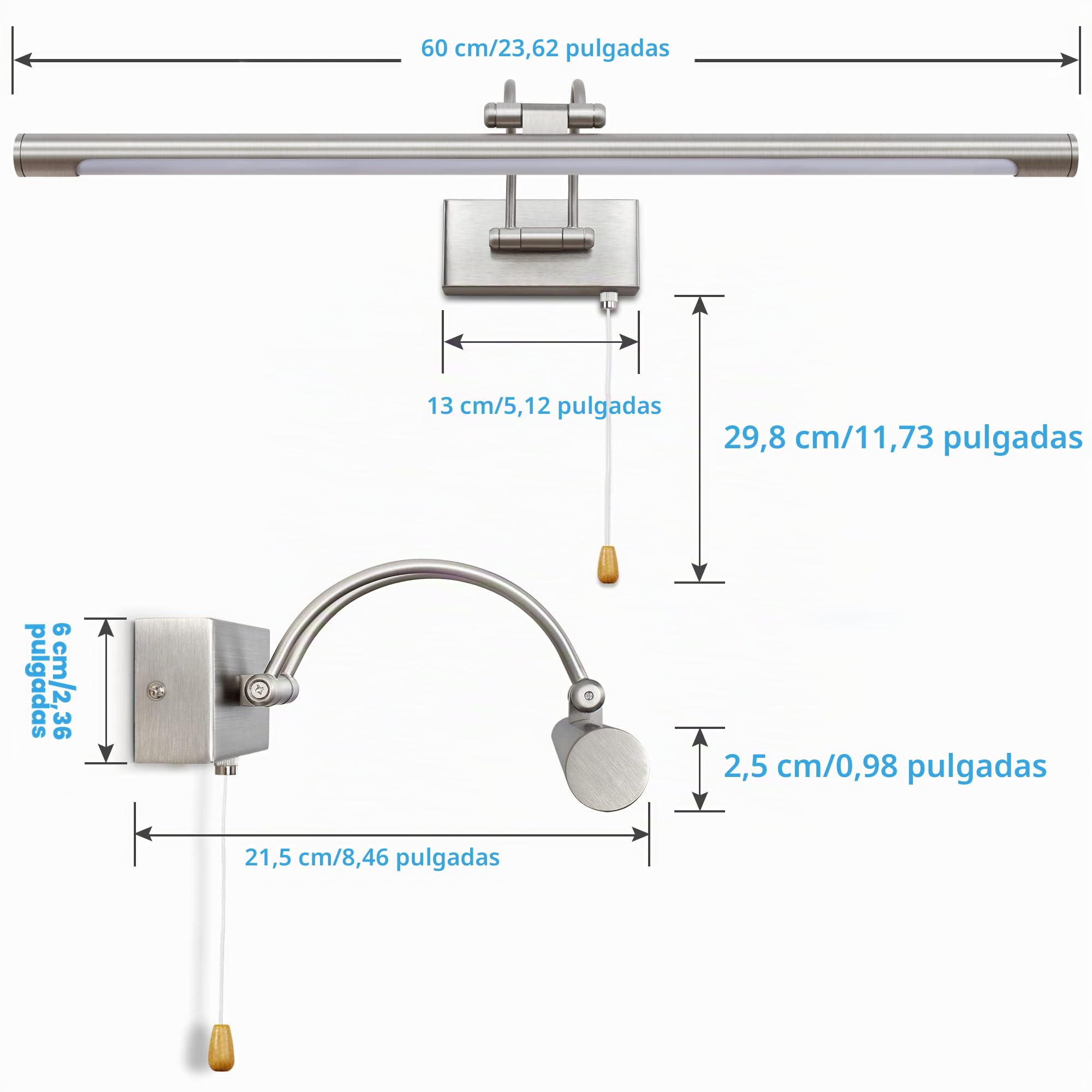 MantoLite LED Lámparas de Pared 12W,Interior Iluminación para cuadros y expositores Con Cabeza de Lámpara Giratoria e Interruptor,Baño Espejo Apliques de Pared 60CM 3000K Luces de Lectura(Níquel)