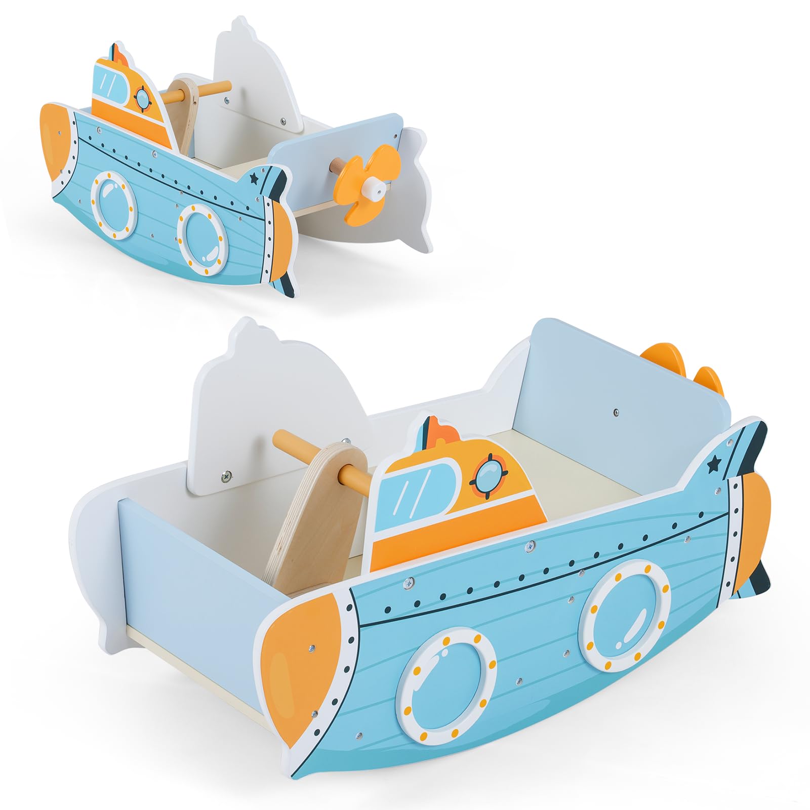COSTWAY Schaukelboot Kinder ab 1 Jahr, Schaukelpferd Holz mit nautischem Design, drehbarem Propeller, Birkenholz-Griffe & breiter Sitz, Baby Schaukelspielzeug, Schaukelwippe, belastbar bis zu 20 kg