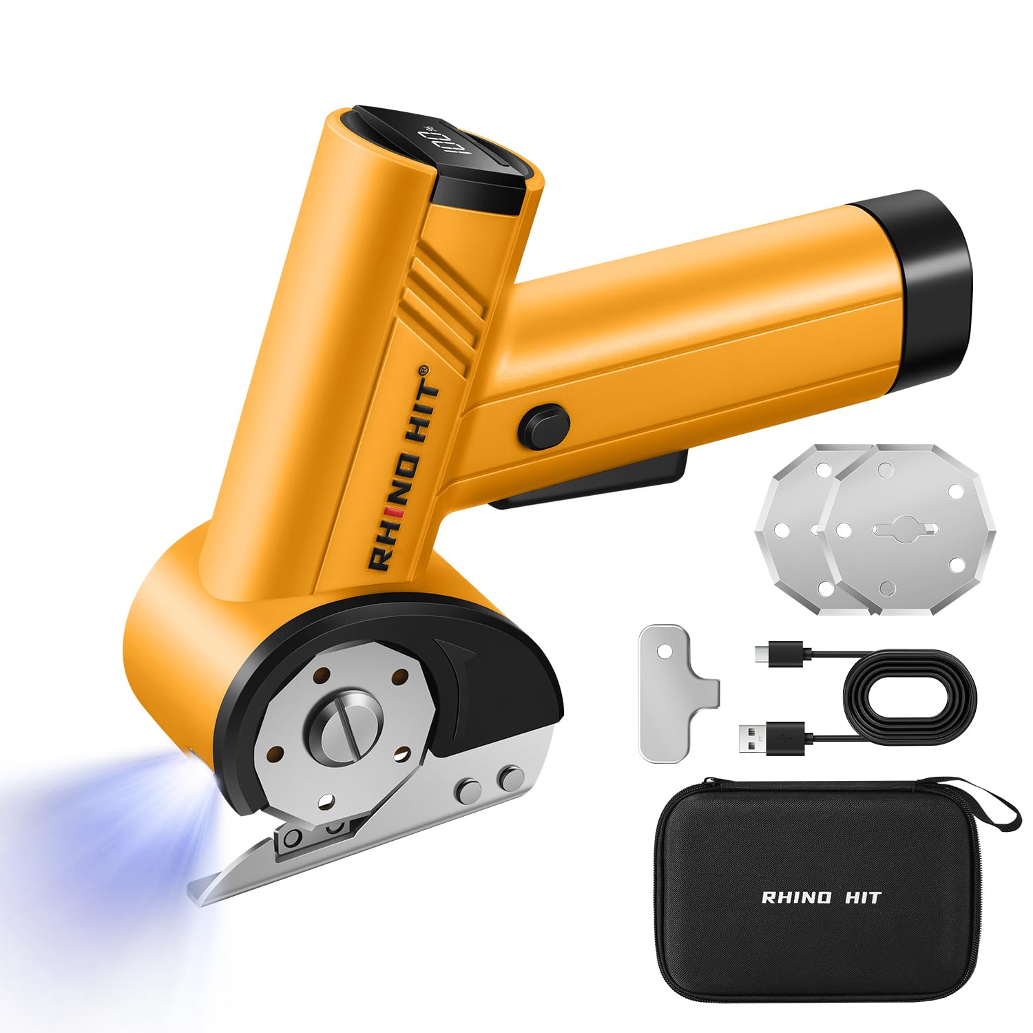 Photo 1 of *** MISSING PIECES **** Rhino Cordless Electric Scissors, Rechargeable Rotary Cardboard Cutter with LED Light & Safety Lock, 4-Speed Adjustable, 3 Blades for Fabric, Carpet, Leather & Carton, with Storage Case(yellow)