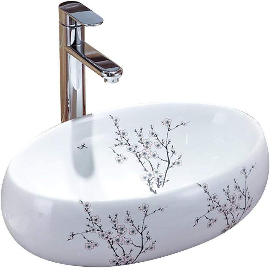HomeLava Bathroom Sink White Ceramic Plum Blossom Pattern Ceramic Basin Sink 48 X 33 X 15 cm (Faucet Not Included)