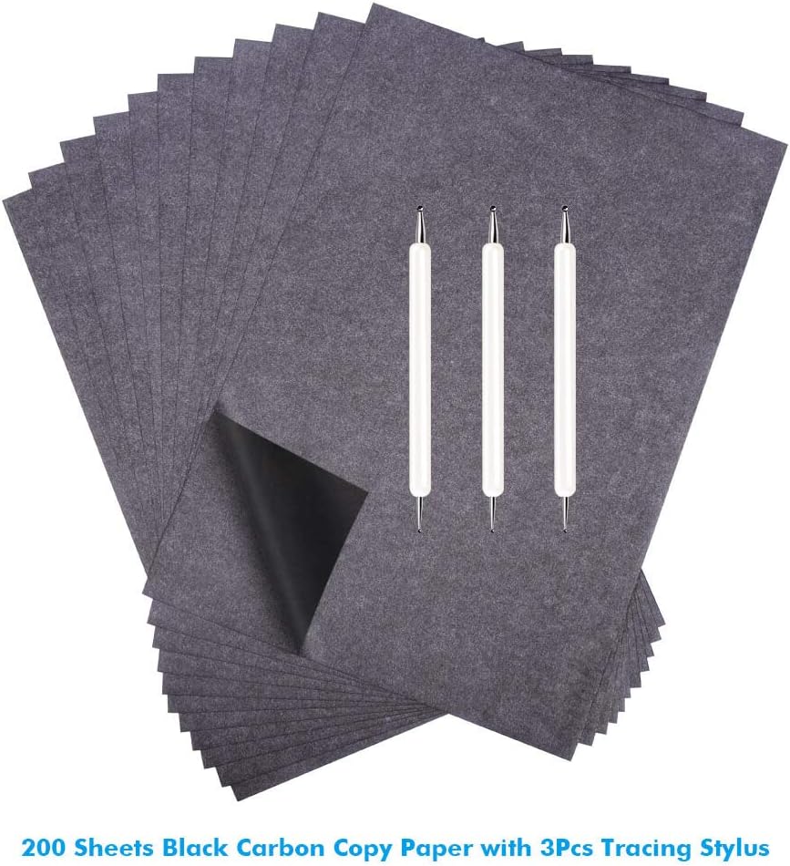 Selizo 200 Sheets Tracing Paper and Carbon Paper Black Graphite Transfer Paper with Tracing Stylus for Wood Burning Transfer, Wood Carving and Tracing