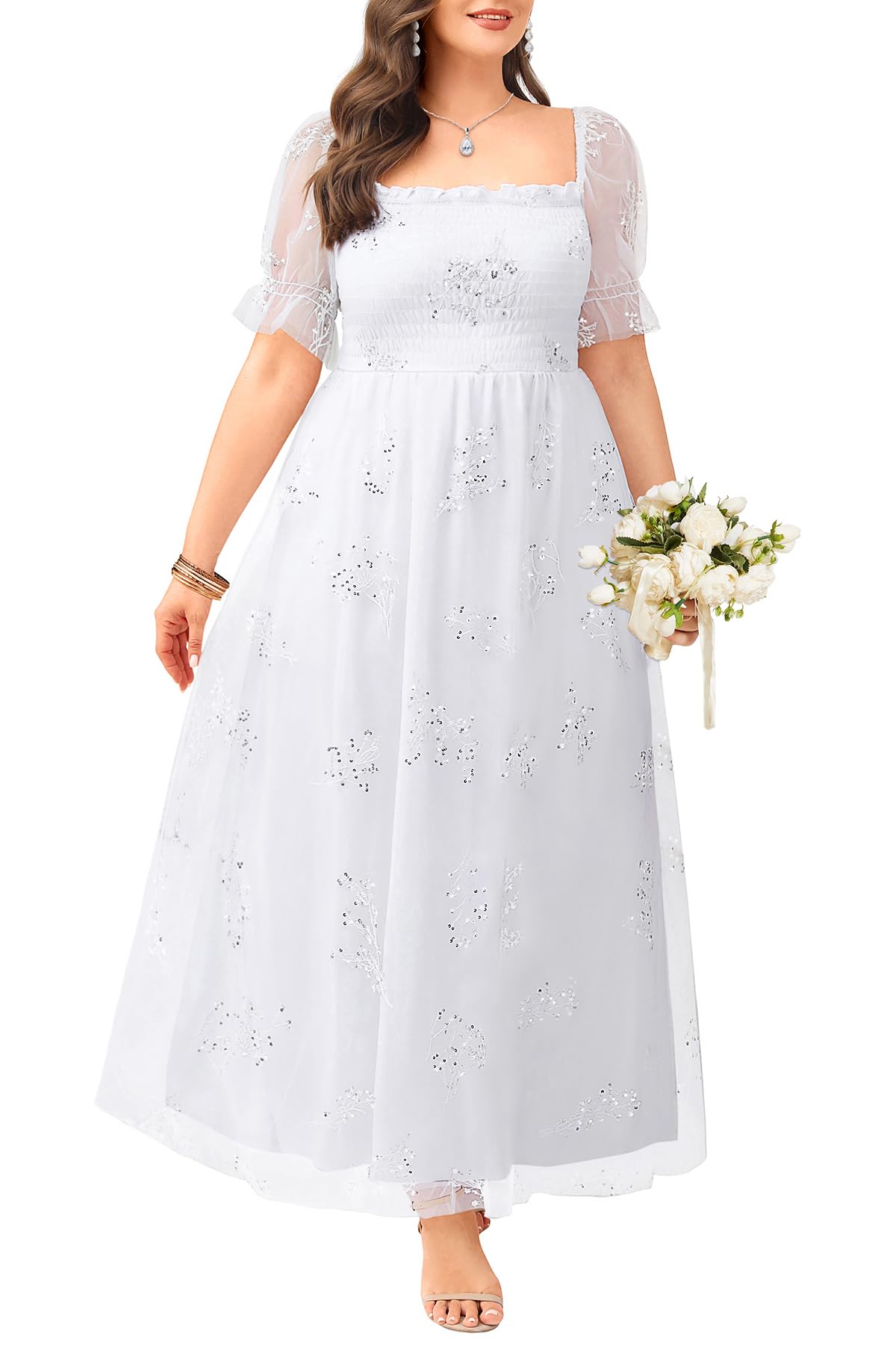 Plus Size Formal Dresses - Bridesmaid Leaf Embroidery with Sequin Tulle Prom Long Dress