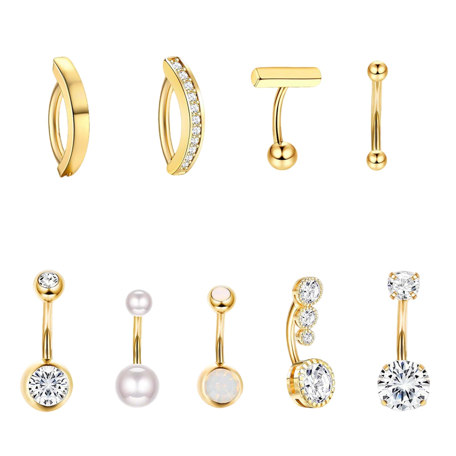 9Pcs Stainless Steel Belly Button Bars Gold Belly Rings Clicker Navel Piercing for Women Girls