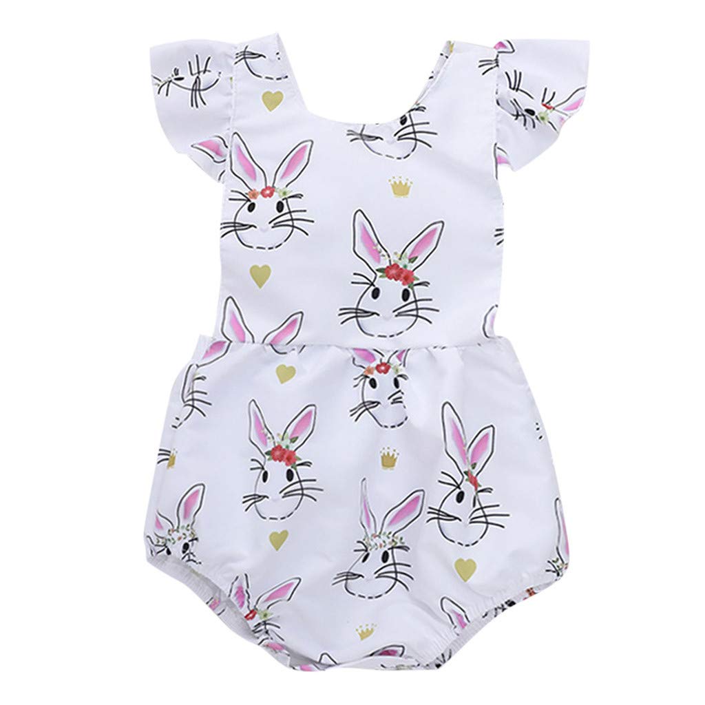 Sunhusing Infant Toddler Baby Flying Sleeve Cartoon Rabbit Floral Printing Triangle Romper Bodysuit Clothes Beige