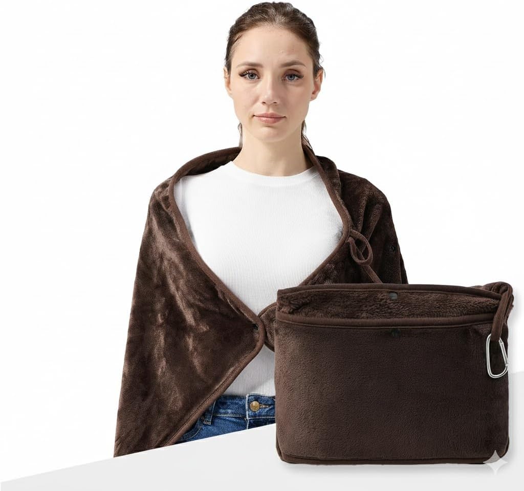 Packable Travel Throw Blanket, Coffee Brown | Soft lightweight wearable travel accessory with carry pouch, airplane blanket, road trips, office naps,outdoor camping