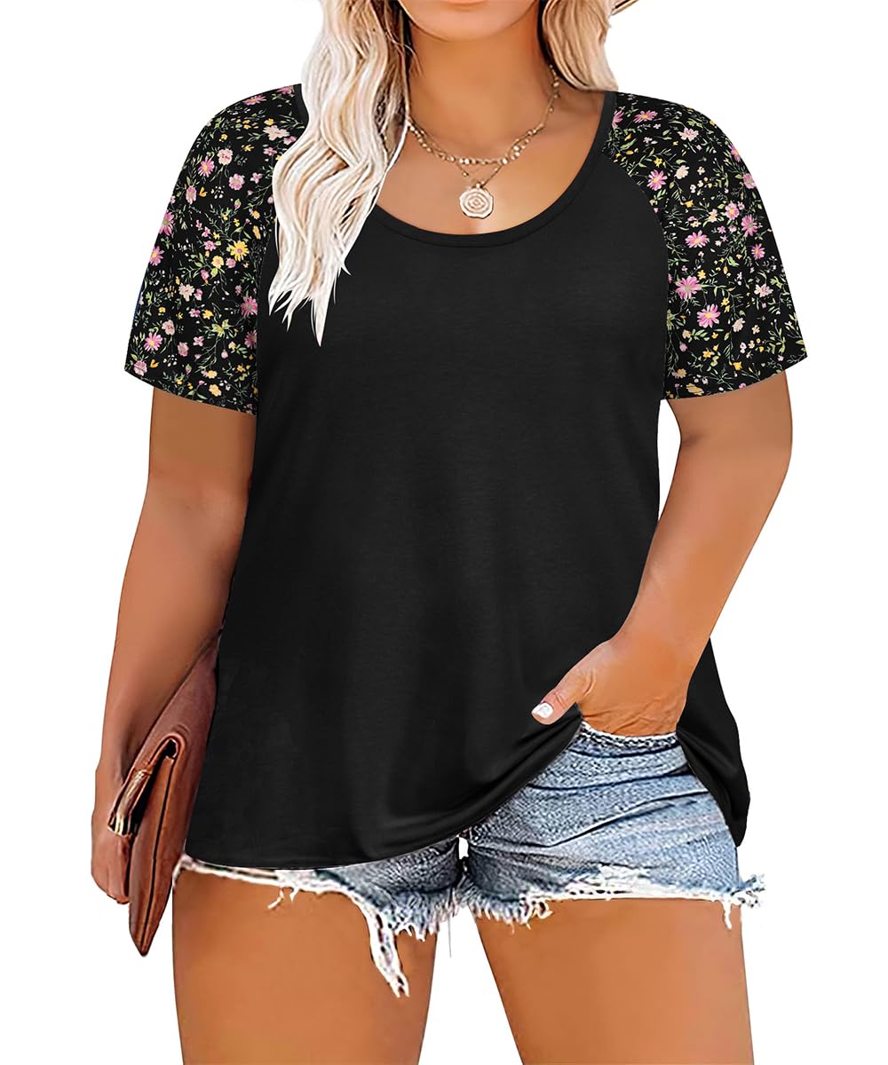 CARCOS Plus Size Tops for Women Short Sleeve Raglan Striped Tee Color Block Crewneck/V Neck Tunic Loose Fit Summer XL-5XL