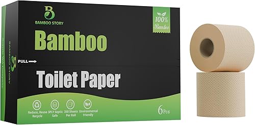 Miniatura 9 de Papel higiénico de bambú sin blanquear, 12 rollos, 3 capas y 300 hojas de papel higiénico de bambú, certificado FSC, biodegradable, sin químicos