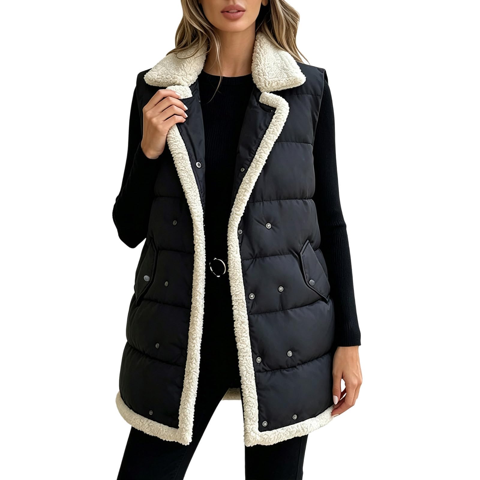 Steppweste Damen Lang Ärmellos Winterjacke Damen Warm Fellkragen Revers