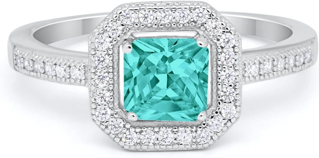 Blue Apple Co. Art Deco Ring Princess Cut Cubic Zirconia Halo Vintage Style Beaded Ring Statement Wedding Engagement Rings For Women 925 Sterling Silver Gift For Her