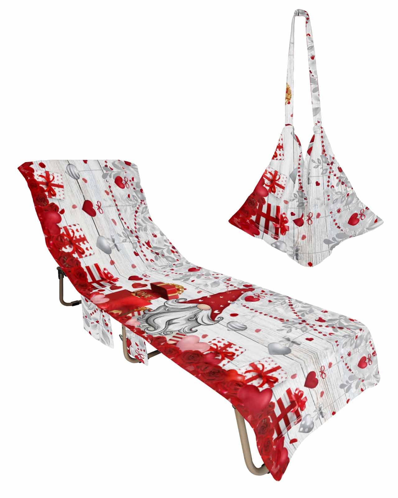 Valentine's Beach Chair Towel Covers for Chaise Lounge With Side Pocket, Soft Plush Pool Towels Cover for Patio Sunbathing Outdoor 29''x85'' Wood Gnomes Rose Silver Plant Leaves