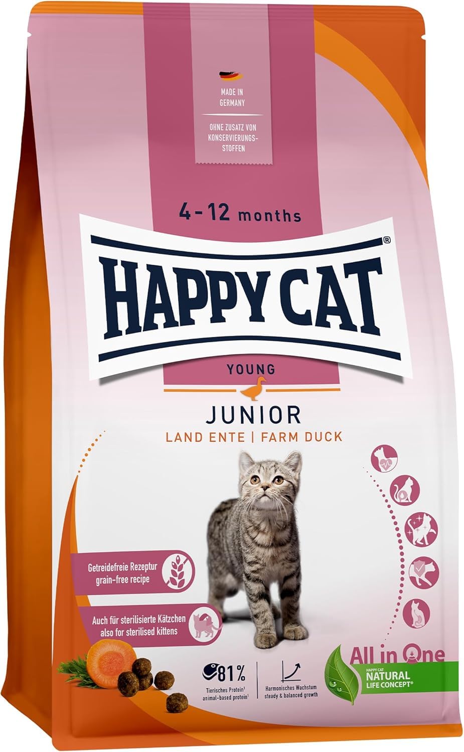 Happy Cat 70545 - Young Junior Land Kaczka - sucha karma dla kotów młodych kotów od 4 miesiąca - zawartość 4 kg
