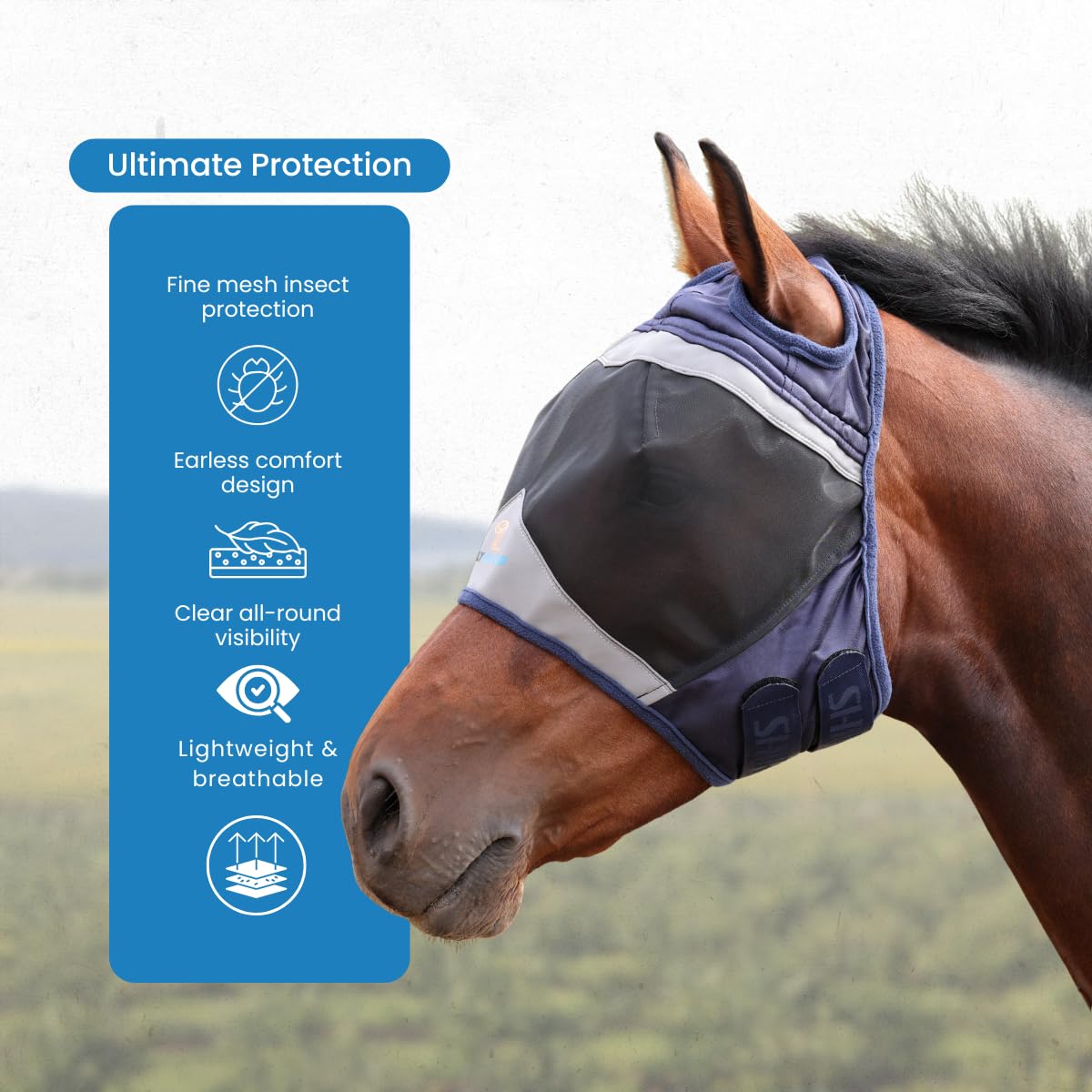 Shires FlyGuard Pro - Máscara de malla fina con protección UV, color azul marino/completo/agujero para las orejas