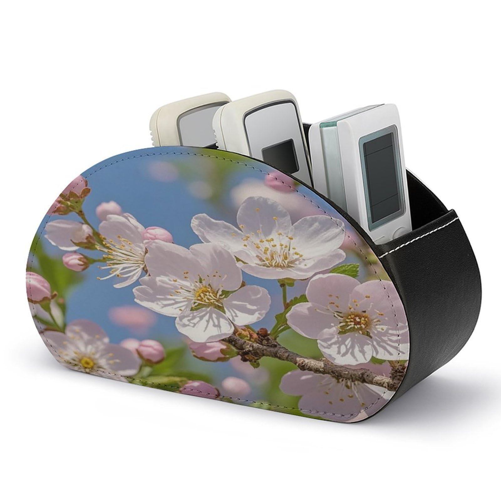 FekiLoot Leather TV Remote Control Holder with 5 Compartments Multifunctional TV Remote Holder Bedside Table Remote Caddy Storage Box Japanese Cherry Blossom Remote Organizer for Home Office