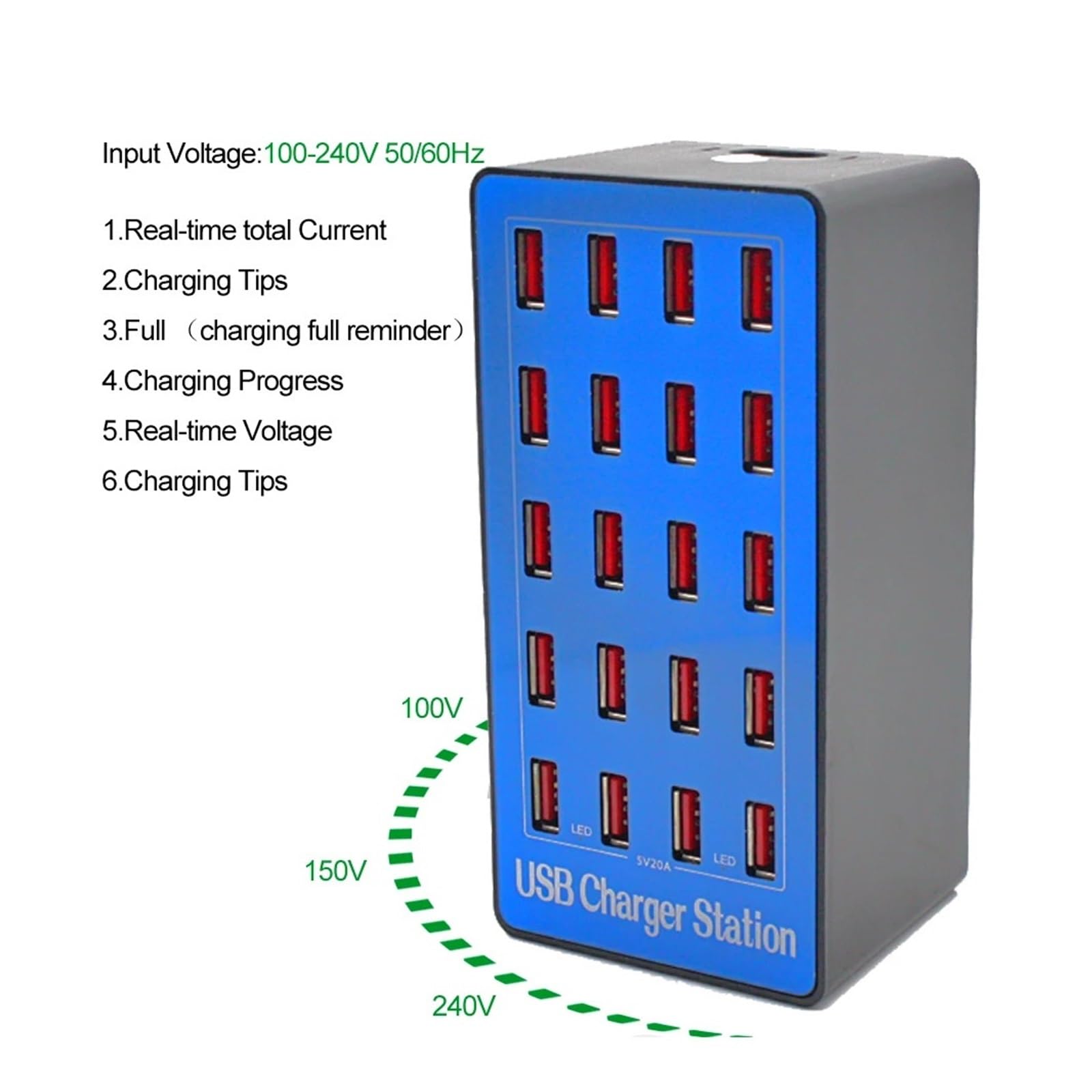 Stacja Ładująca USB 20-portowa 100 W Z Wieloma Portami Ładowarka Do Ładowania Smartfonów, Tabletów I Urządzeń(Blue)