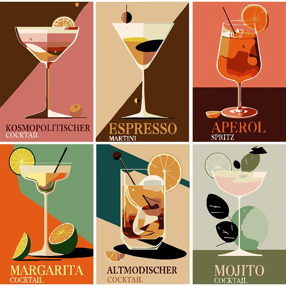 Vexthorion Paint by Numbers for Adults 6 Pack,Retro Cocktail Paint by Numbers Kits on Canvas for Adults Beginners,DIY Acrylic Pigment Drawing Paintwork for Home Wall Decor 20x30cm/8x12in (No Frame