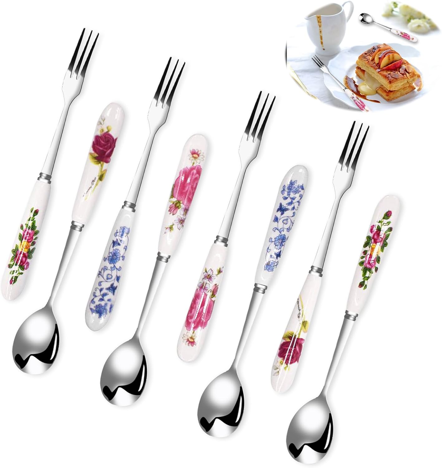 QESSUVNC 8 Pcs Dessert Forks and Spoons Set Porcelain Tea Set,Cake