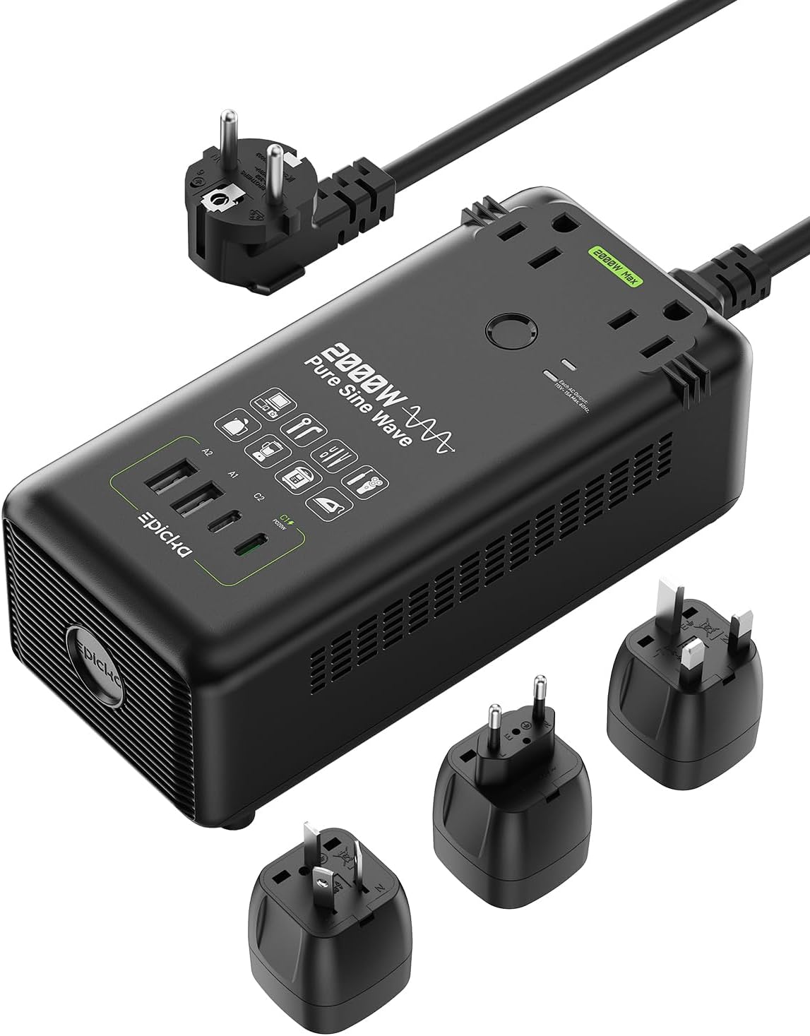 EPICKA 2000W Pure Sine Wave Voltage Converter, 220V to 110V Power Transformer with 20W PD USB-C Fast Charging, 2 AC Sockets, 4 USB Ports (2A + 2C), Universal Travel Plug Adapter for EU/UK/AU/JP, Black