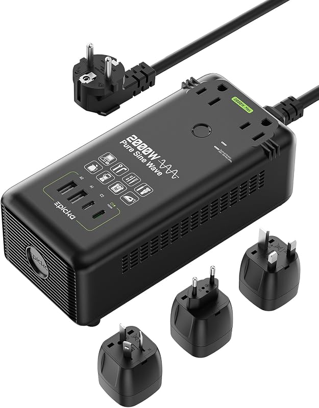 Convertidor de voltaje de onda sinusoidal pura EPICKA 2000W, 220V a 110V | Adaptador de enchufe de viaje universal para UE/UK/AU/JP, carga rápida PD de 20 W, 2AC/2USB-A/2USB-C, negro