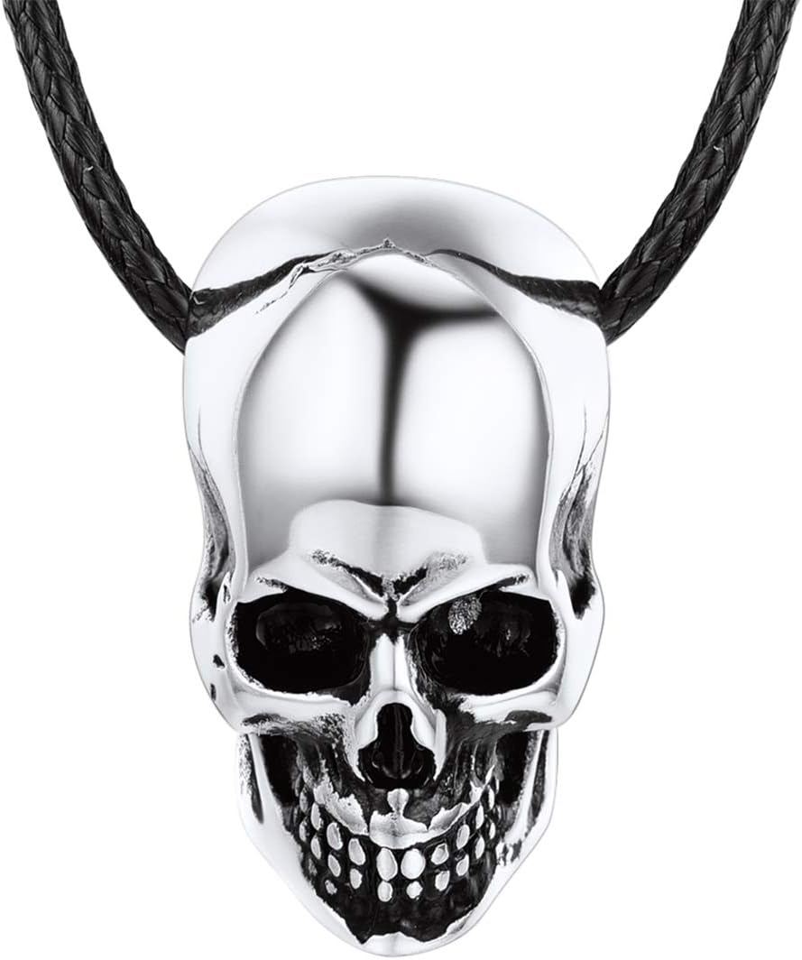Men Women Vintage Silver Black Skull Necklace Stainless Steel Gothic Jewelry with Black Leather Cord Chain 22 Inch