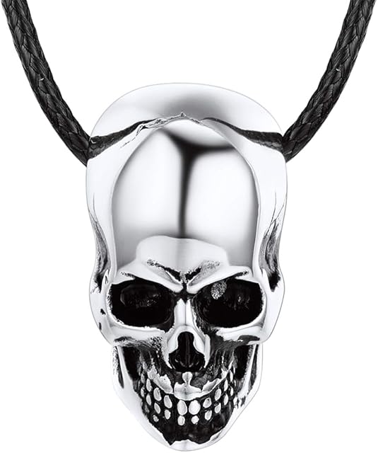U7 Demon Skull Punk Pendant Necklace, Customized Text Available, Stainless Steel Chain/Leather Cord Rope, Silver/Gold/Black Plated, Gothic Halloween Jewellery