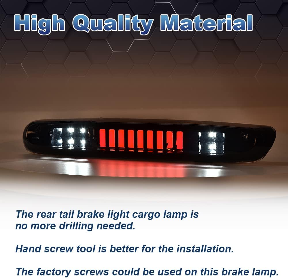 PIT66 LED 3rd Brake Light, Compatible with 2007-2014 Chevy Silverado/2007-2014 GMC Sierra/Compatible with 2009-2010 H-ummer H3T LED Third Brake Light Cargo Black Housing Smoky Lens