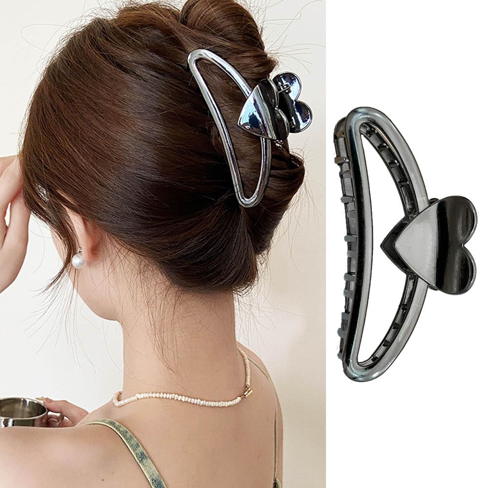 Heart Hair Clips Valentine’s Day Hair Claw Clips Non Slip Black Hair Jaw Barrettes Romantic Valentines Hair Accessories Metal Heart Banana Shark Clip for Women Holiday Party Hair Decorations Supplies