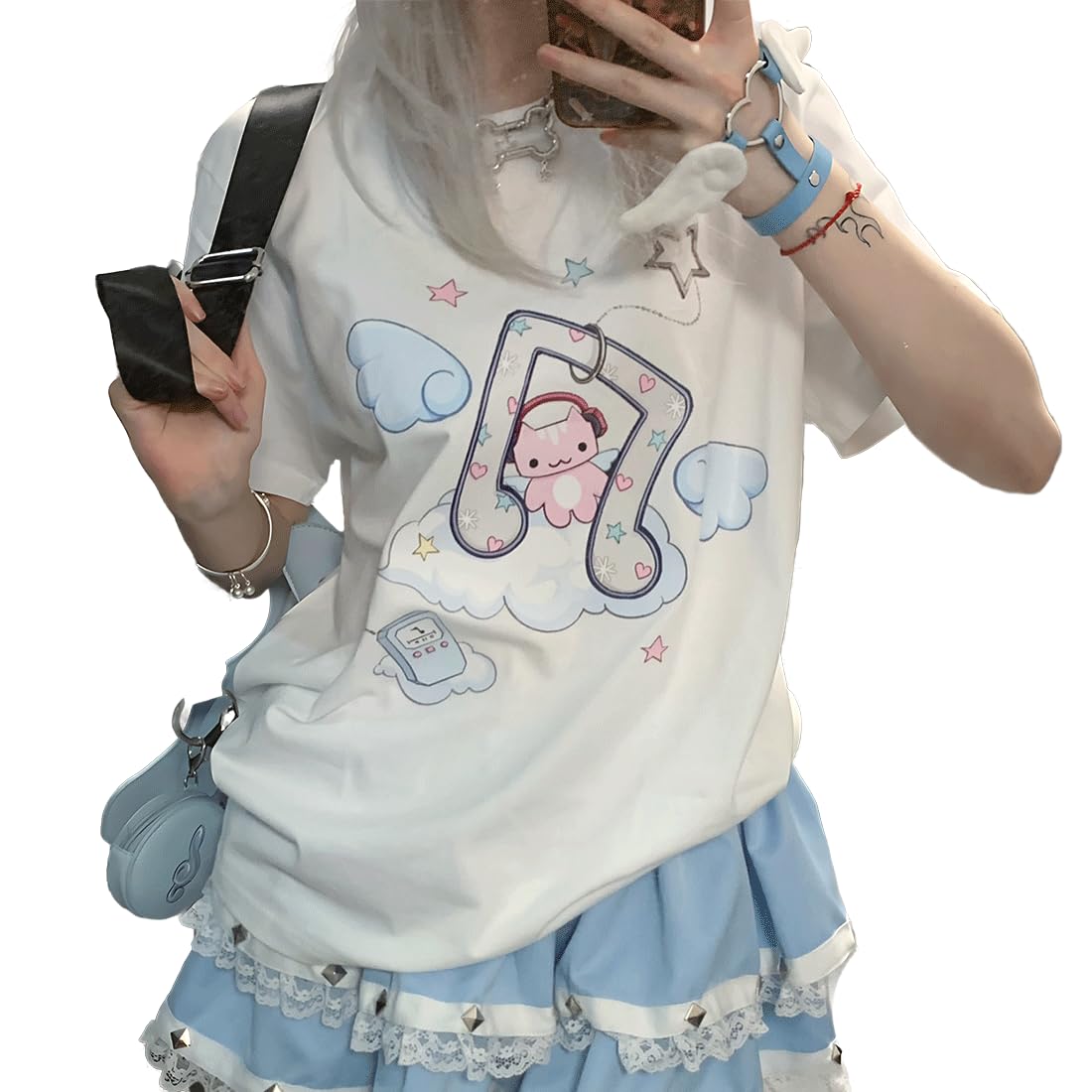 Harajuku Style Pastel Kawaii Gothic Clothes Casual Crewneck Soft Cartoon Cute Cat Music Angel Print T-Shirt