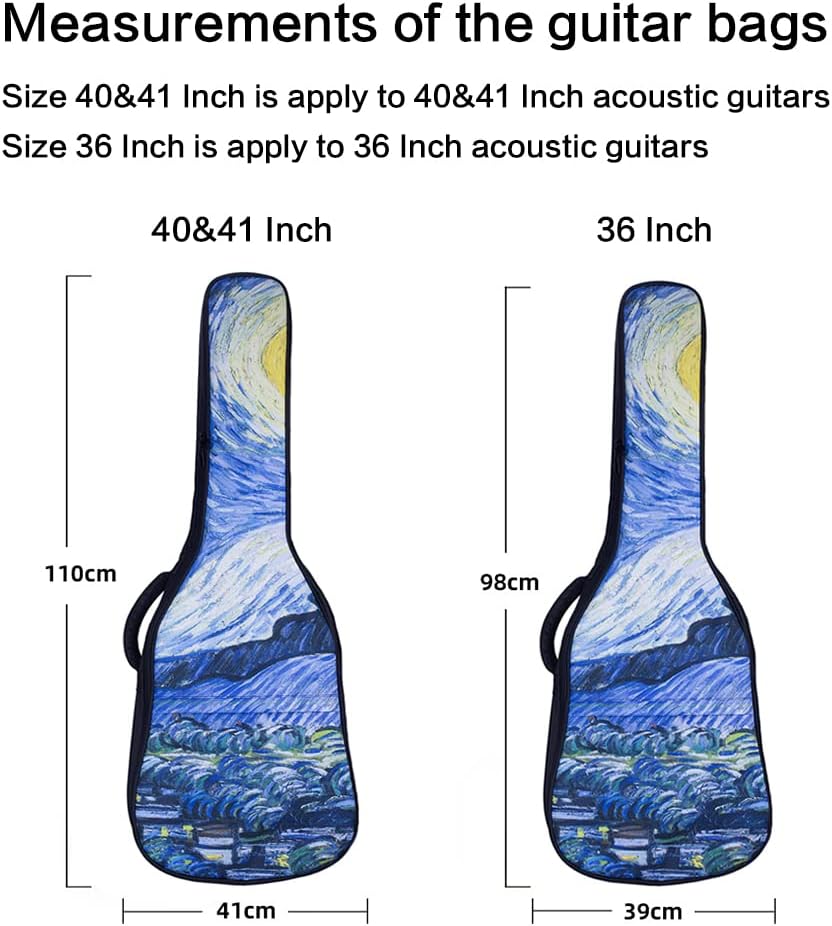 10MM Sponge Van Gogh Art Waterproof Durable Acoustic Guitar Case Bag with Storage Pocket (For 36 Inch, The Starry Night)