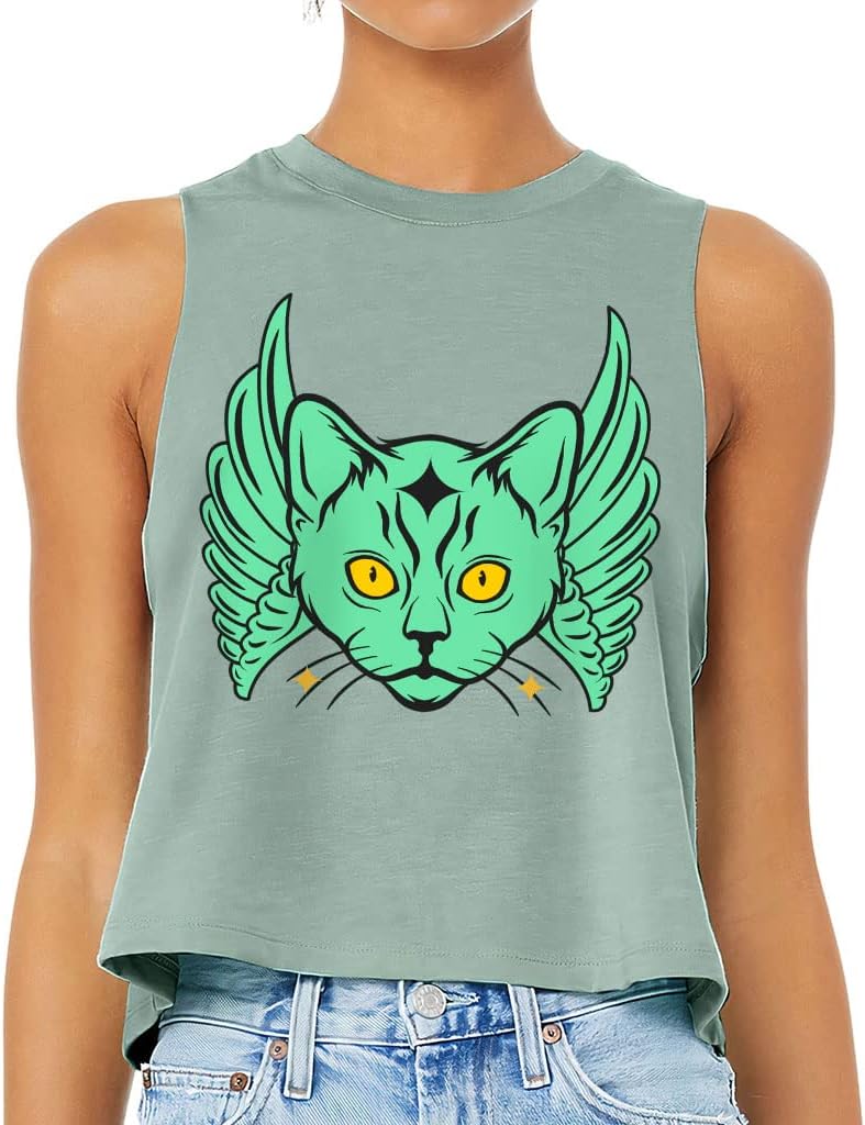 Mystic Cat Print Racerback Cropped Tank - Psychedelic Women's Tank - Illustration Tank Top