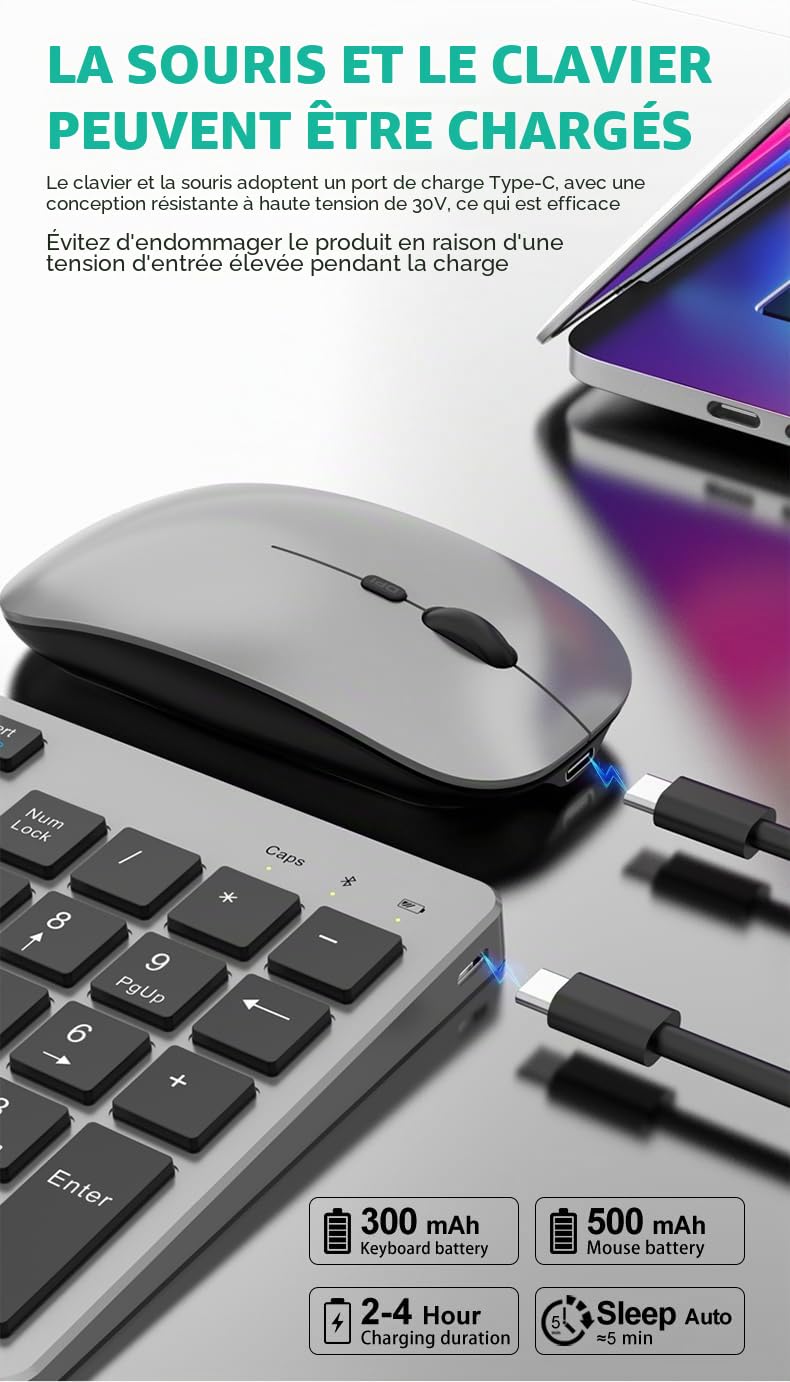 Ensembles Clavier Souris sans Fil Bluetooth & 2.4Ghz USB,Trois Modes,Quatre Canaux,Clavier et Souris sans Fil Rechargeable Silencieuse,Clavier Ultra-Fin avec Pavé Numérique pour PC/Laptop/Mac,QWERTY