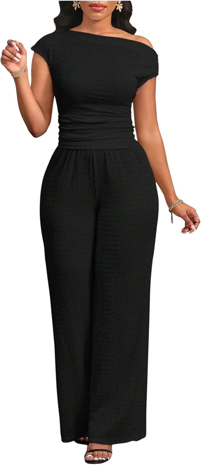 WDIRARA Women's One Shoulder 2 Piece Outfits Short Sleeve Tee Straight Leg Pants Set