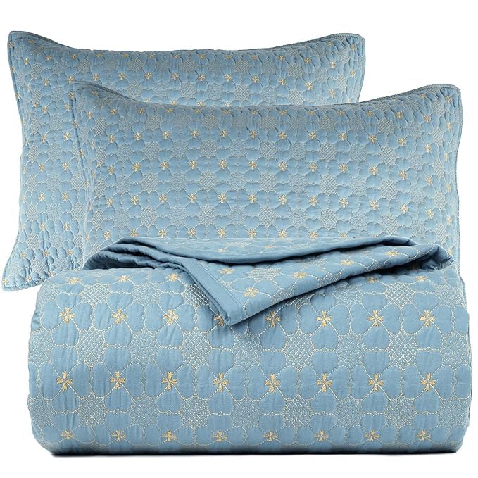 Image of BSB HOME Solid 100% Cotton Multi-Needle Quilted Ultrasonic Bedcover Set - 280 TC, Soft & Lightweight, King Size /Double (90x100 in /228X254 cm), Coverlet with 2 Pillow Cases (Sky Blue)