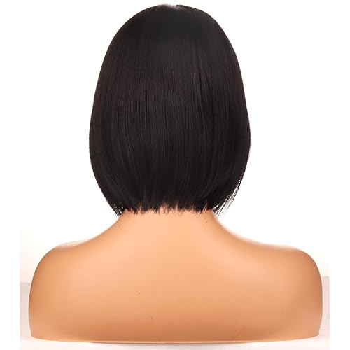 Miniatura 4 de BERON Pelucas negras estilo Bob de pelo corto liso para mujer, pelucas sintéticas negras naturales con parte media para uso diario en fiestas