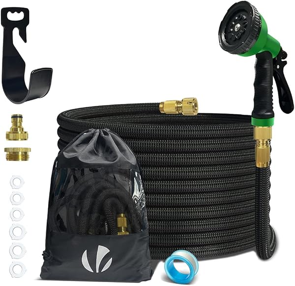 VOUNOT® Tuyau d'Arrosage Extensible 15m Renforcé Adaptable 1/2" et 3/4" 10 Modes de Pulvérisation Flexible et Anti-Fuite Raccord et Sac de Rangement Fournis Noir - 1