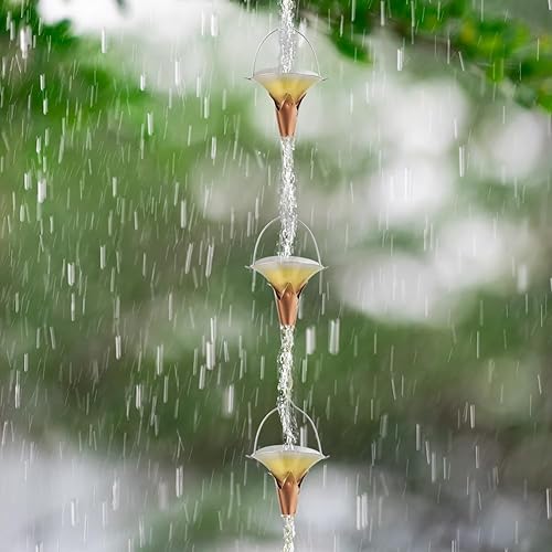 Miniatura 6 de Qipade Cadena de lluvia de 8.5 pies, cadenas de metal para canalón de lluvia con 10 copas en forma de gloria matutina, cadena de metal ajustable