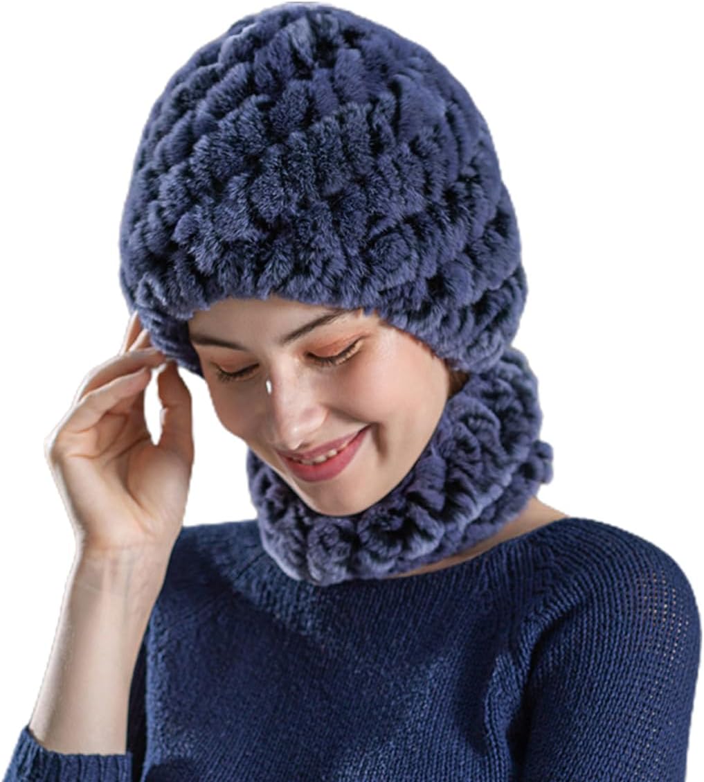 Imitation Rabbit Fur Hat & Scarves Set, Faux Fur Beanie Hat Scarf Bundle for Winter, Cold Weather