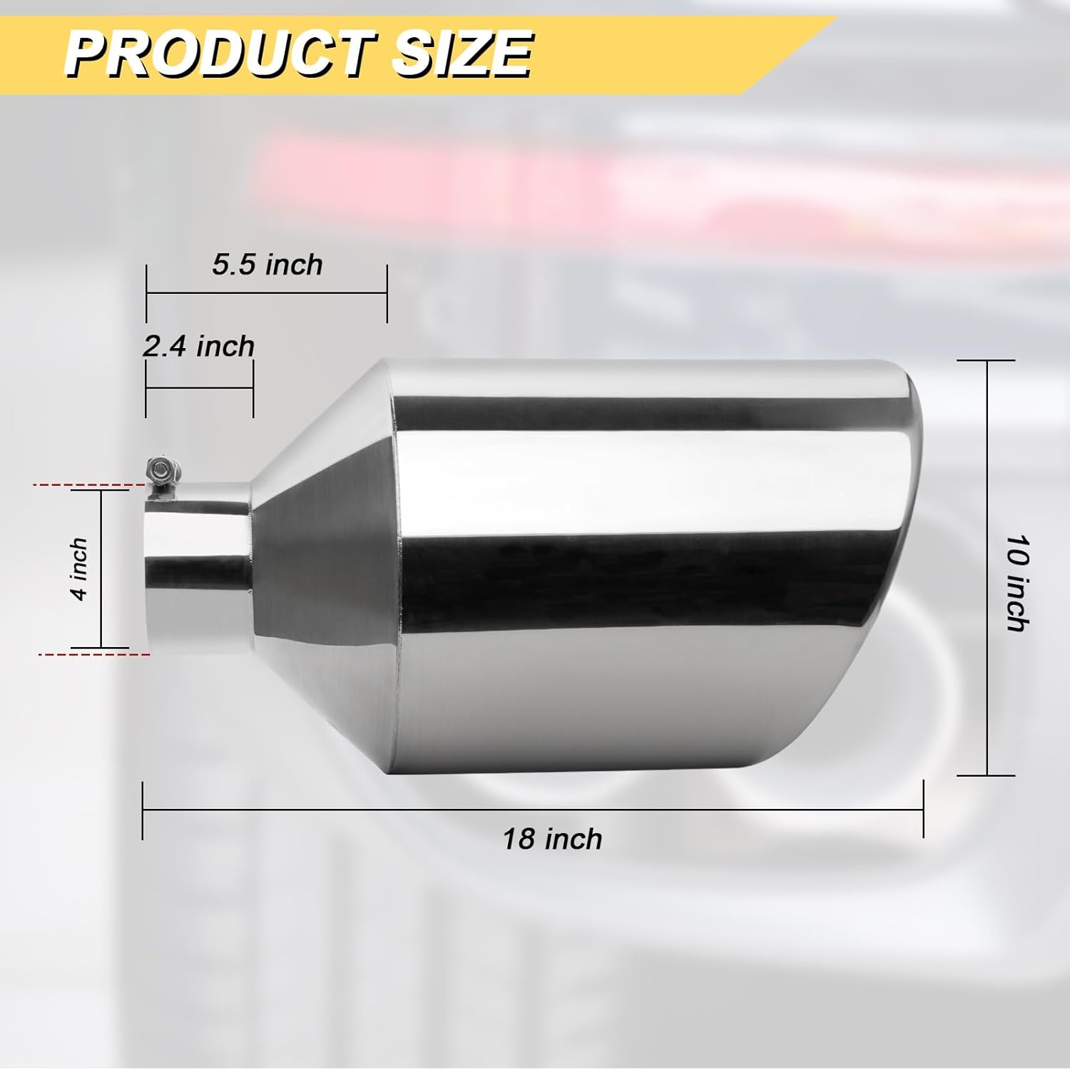 4 inch Inlet Exhaust Tip, 10" Outlet 18" Overall Length Stainless Steel Exhaust Tail Pipe, Bolt-On, Rolled Edge, Slant Sleek Angle Cut, Polished Tailpipe, Silvery