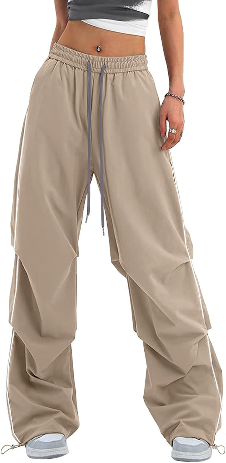 Bakyarder Women’s Y2K Baggy Parachute Cargo Pants Wide Leg Casual Track Pants with Adjustable Drawstring Waist