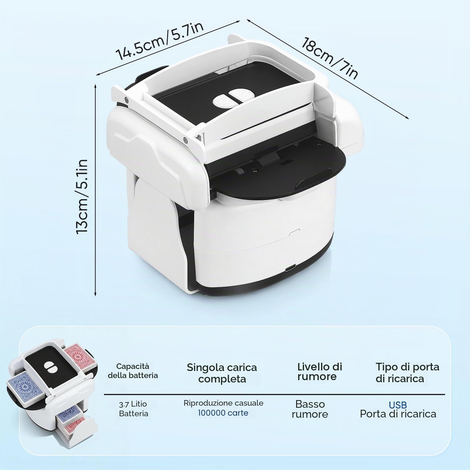 Mischia Carte Automatico, Mescolatore Carte da Gioco Elettrico per 1-4 Mazzi, modalità Auto e Manuale, Ricaricabile, Basso Rumore per Poker, Uno, Blackjack, Skip-Bo, Phase 10, Texas Hold'em