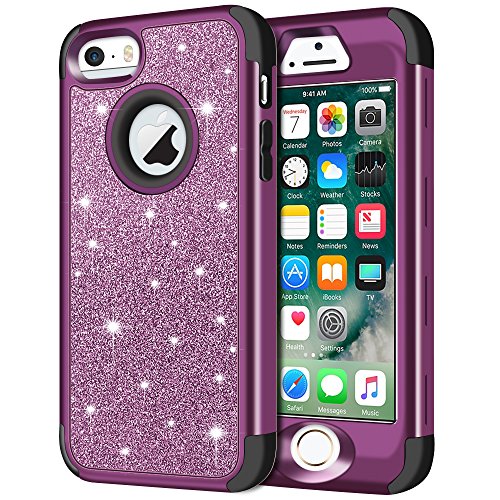 iPhone SE Case, iPhone 5S Case, iPhone 5 Case, Anuck 3 in 1 Hybrid Shockproof Protective Case for Girls Cute Bling Sparkly Glitter Heavy Duty Armor Defender Cover for Apple iPhone 5/5S/SE - Purple