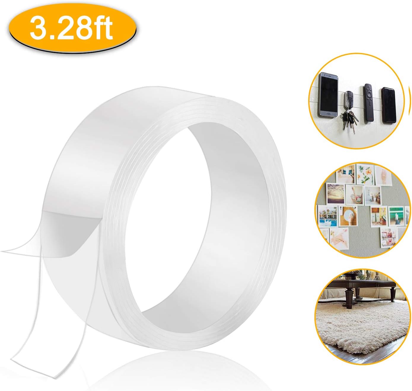AOGUERBE Reusable Adhesive Gel Nano Tape, Traceless Washable Clear Double Sided Anti-Slip Nano Gel Pads, Removable Sticky Tape for Fixing Carpet Mats Phones Pictures Pen Household Use (3.28FT)