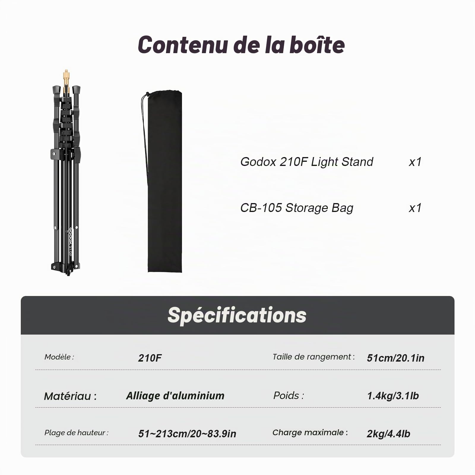 Godox Support de lumière Extensible 210 cm/83,9 Pouces avec vis Universelle 1/4" et 3/8" Réversible Portable Studio Lighting Trépied avec Sac de Transport pour boîte à lumière stroboscopique