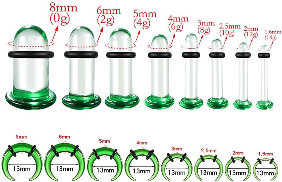 Single Flare Glass Stretching kits 1PC C-shape septum rings+1Pair Glass Gauges Taper Expander with Rubber O-Rings,1.6-8mm(14G-0G) Full Size Ear Tunnels Plugs,Cylindrical Body Piercing - Image 2