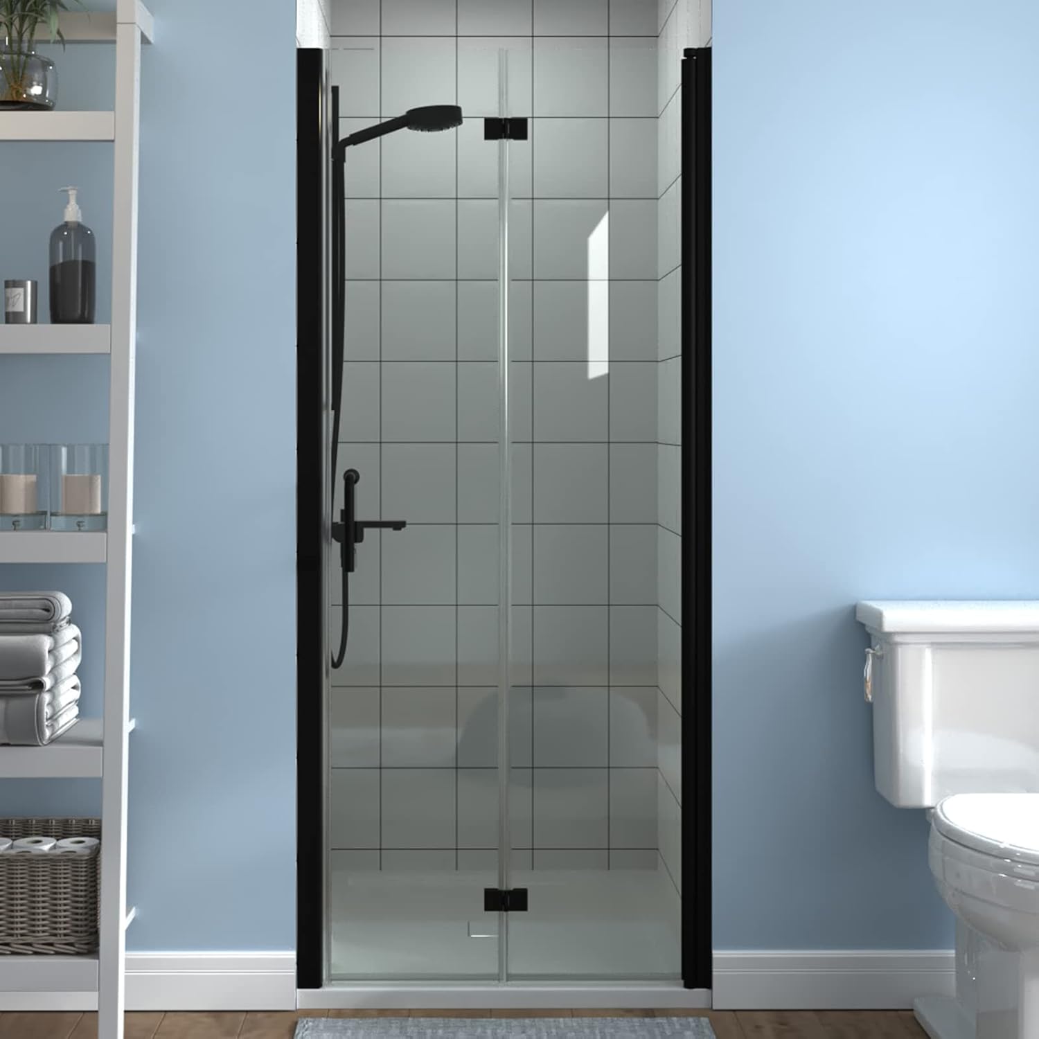 ExBrite 32-33.5 in.W x 72 in.H Bifold Frameless Glass Shower Door,1/4 in. Fold Clear Glass Shower Panel Pivot Swing Shower Doors,Matte Black Finish,Reversible Installation 32"x72" Bifold Matte Black