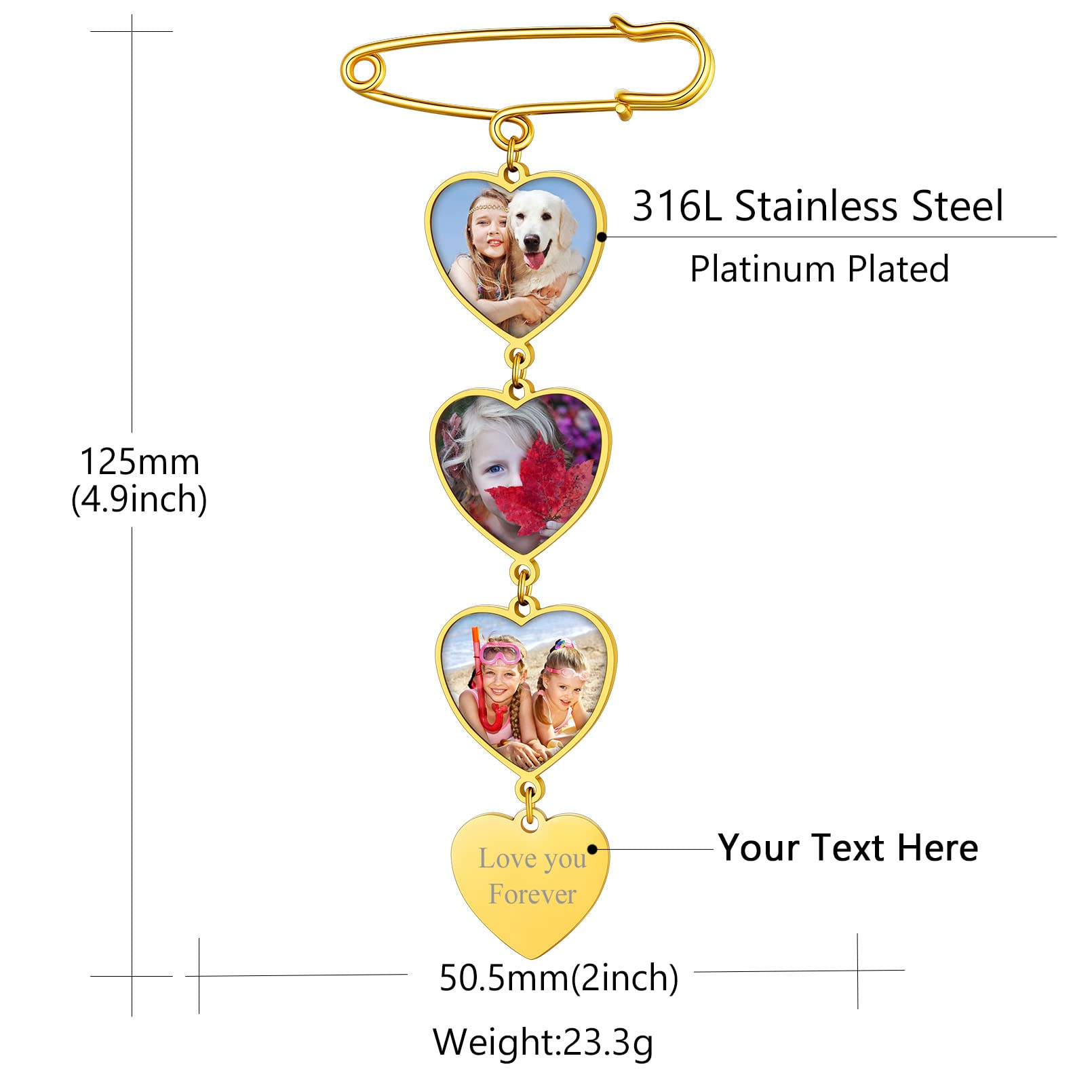 Custom4U Personalisierte Damen Herren Brosche mit 3x Fotoanhänger mit Gravur für Memorial Anhänger Brautstrauß Ansteckblume Bräutigam Edelstahl DIY Anstecker Gold für Hochzeit Weihnachten