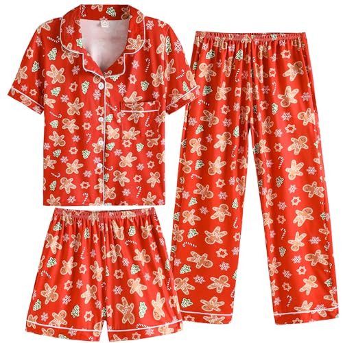 Vopmocld Girls Pajama Sets - 3pcs Button Down Short Sleeve Long Pants With Shorts Sleepwear Cute Patterns Nighty For Teens Cute Christmas Gingerbread Xmas Gingerbread 12
