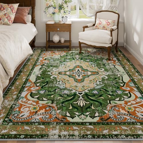 RUSHUFFY 5x7 Washable Area Rugs for Bedroom, Vintage Boho Distressed Print Pattern Rugs for Living Room, Soft Non-Slip Carpet for Indoor Dining Room Nursery Farmhouse Girls Room, Dark Green