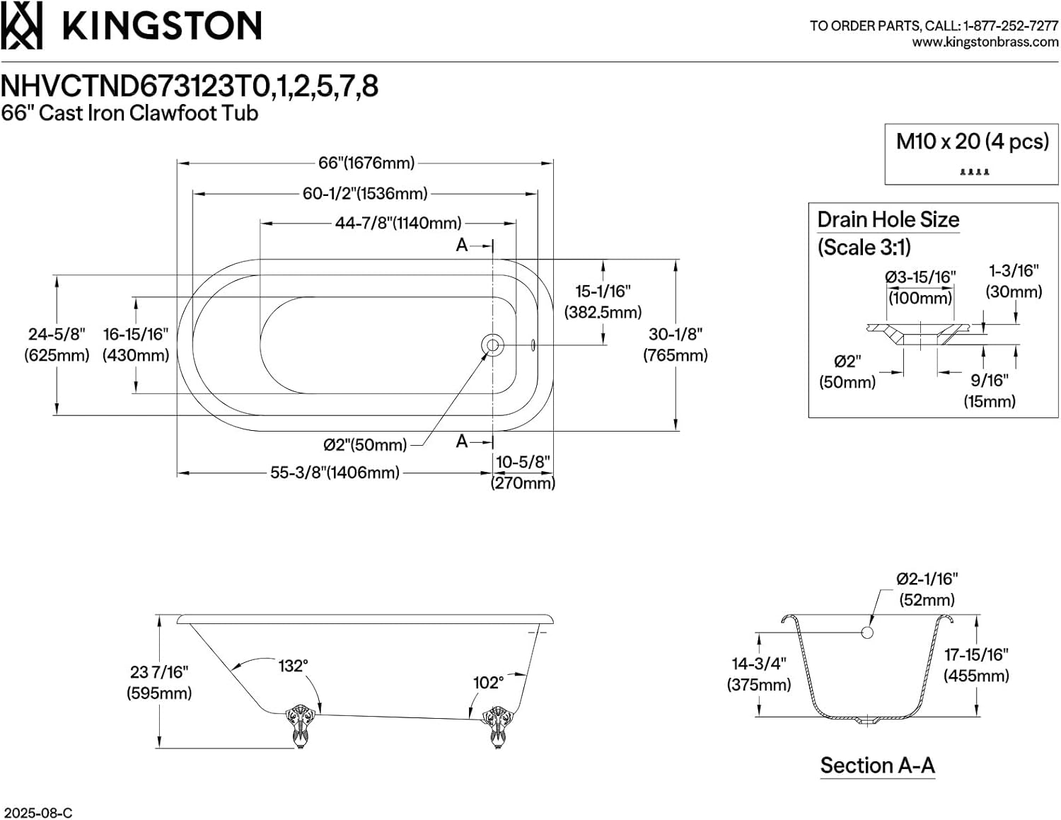 Kingston Brass Aqua Eden Cast Iron Roll Top Bathtub with Feet, 66" Length x 30-1/8" Width x 24" Height, Painted White/Brushed Nickel