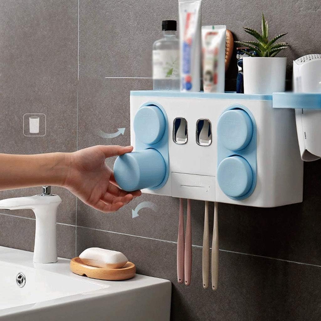 Automatic Toothpaste Dispenser Squeezer Wall Mount and Anti-dust Toothbrush Holder, Multi-Functional Space Saving Organizer No Drill Need(E)