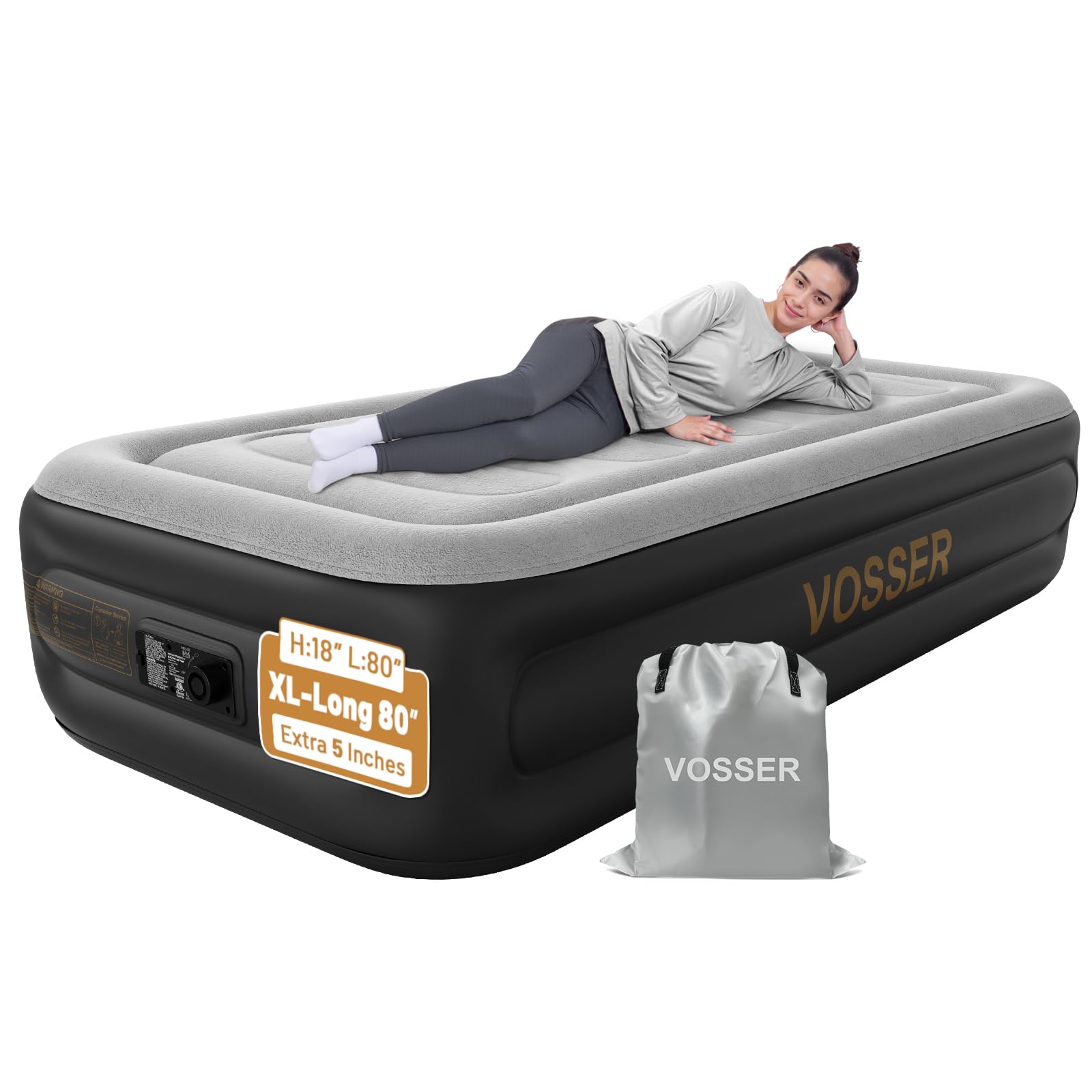 vosser twin air mattress with built in pump,18''inflatable mattress 2 mins self-inflation/deflation,xl-long blow up mattress thicker,flocked top air bed with storage bag for home, camping & guests